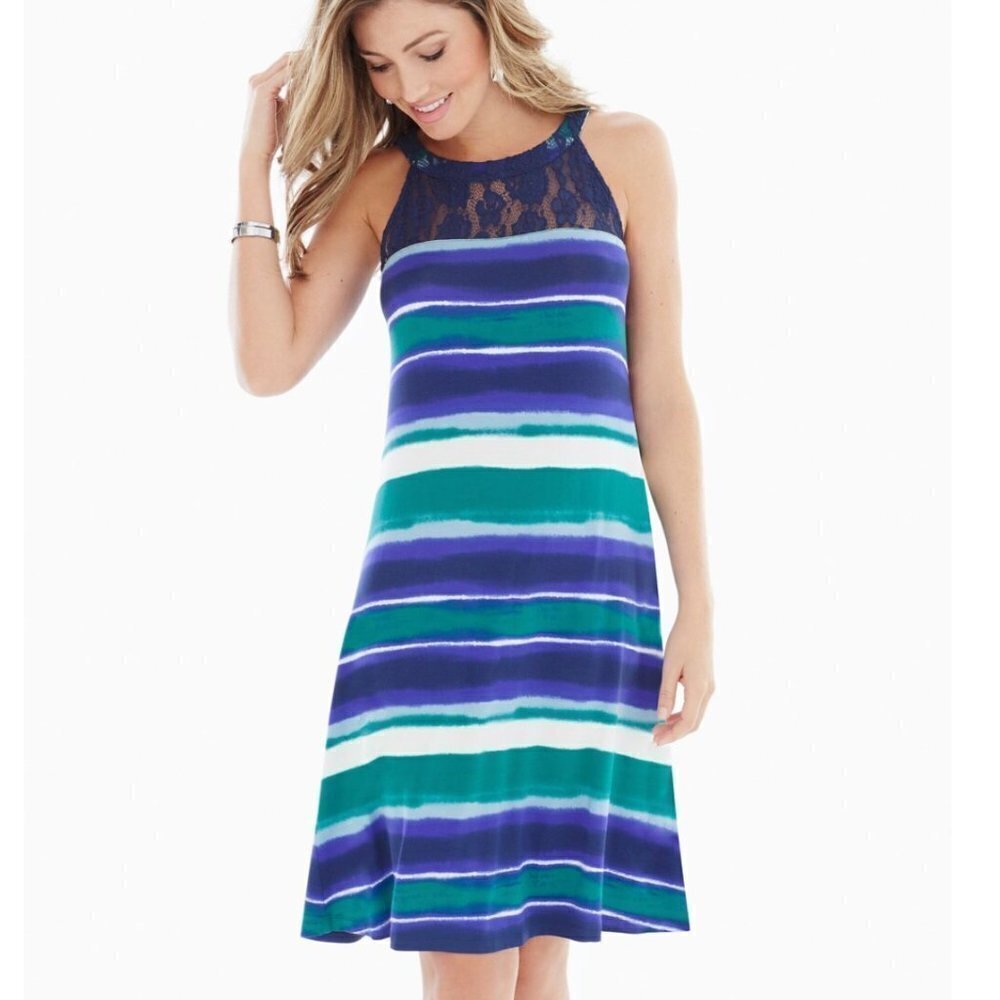 Soma Lace Neck Swing Dress Sea Stripes Small - Picture 1 of 6
